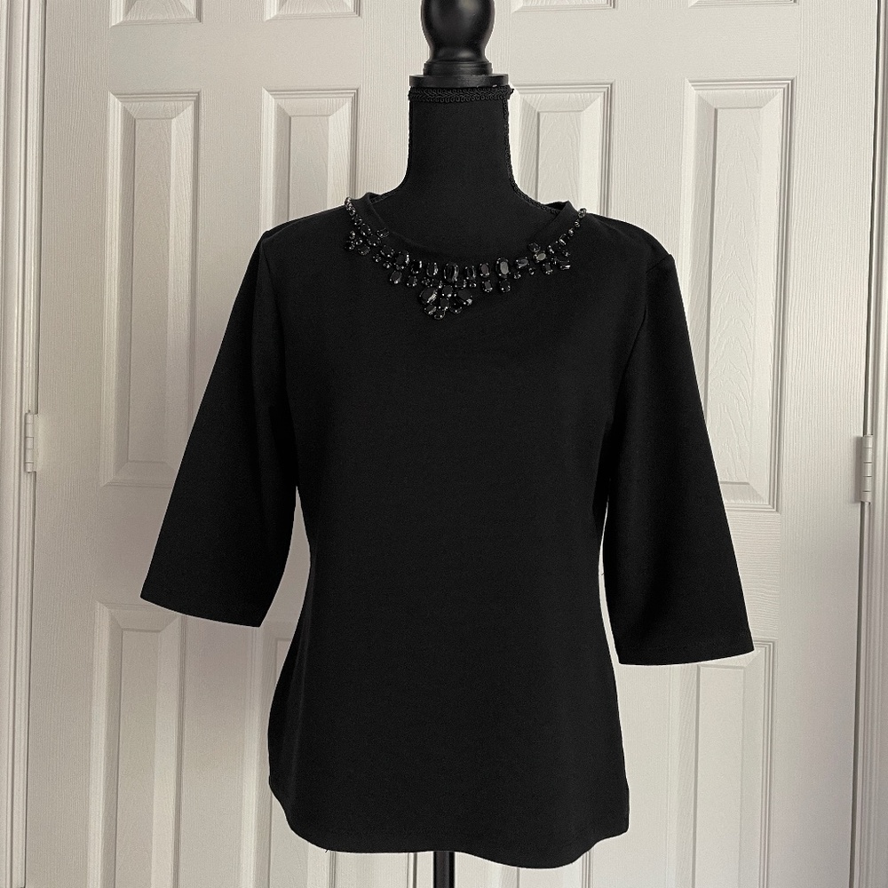 Fever London, Black Crystal Jeweled neckline, 3/4 sleeve Top, Size UK14/US10